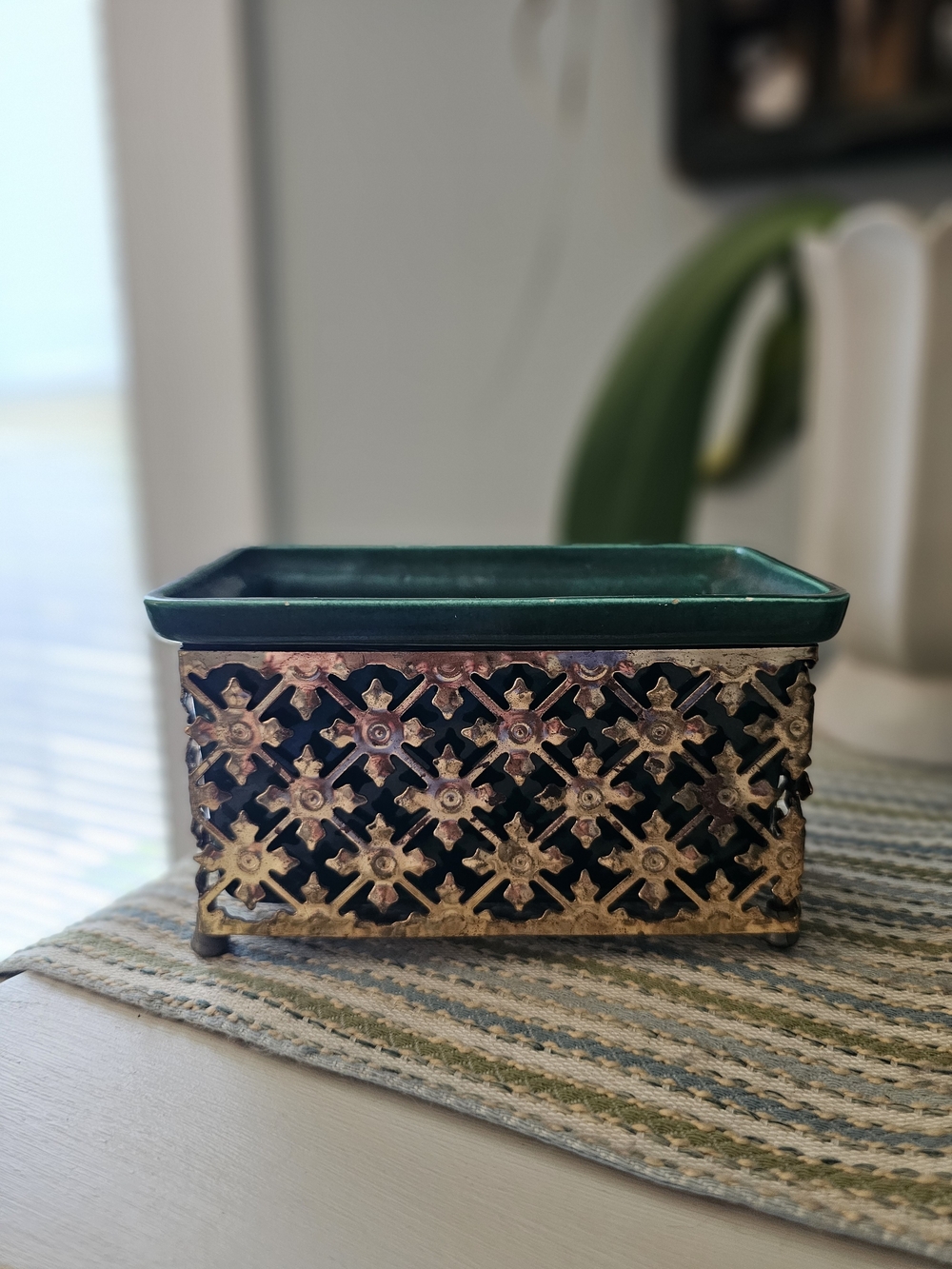 Decorative Green Ceramic Lined Metal Cachepot